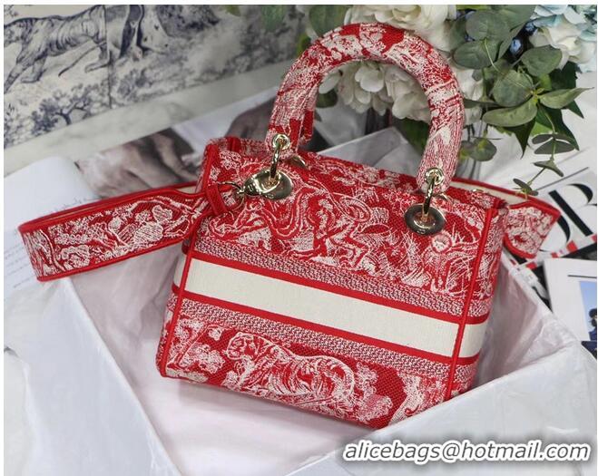 Low Cost MEDIUM LADY D-LITE BAG Raspberry Toile de Jouy Reverse Embroidery M0565OR