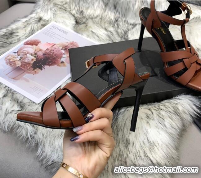 Lower Price Saint Laurent Calfskin High-Heel Sandals 10cm 042977 Brown