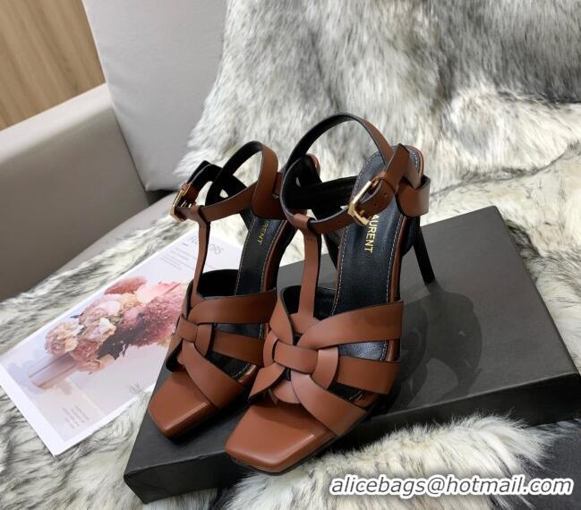 Lower Price Saint Laurent Calfskin High-Heel Sandals 10cm 042977 Brown