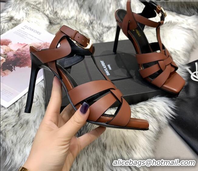 Lower Price Saint Laurent Calfskin High-Heel Sandals 10cm 042977 Brown