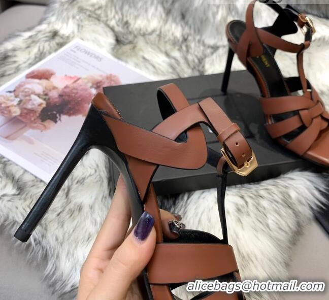 Lower Price Saint Laurent Calfskin High-Heel Sandals 10cm 042977 Brown