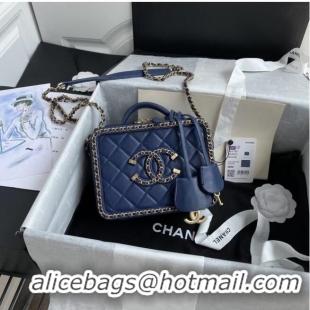 Top Quality Chanel Lambskin Crystal Calfskin & Gold-Tone Metal Cosmetic Bag 8817 dark blue