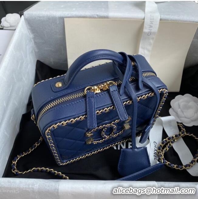 Top Quality Chanel Lambskin Crystal Calfskin & Gold-Tone Metal Cosmetic Bag 8817 dark blue