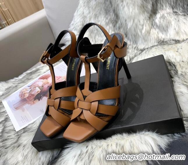 Good Product Saint Laurent Calfskin High-Heel Sandals 10cm 042977 Brown