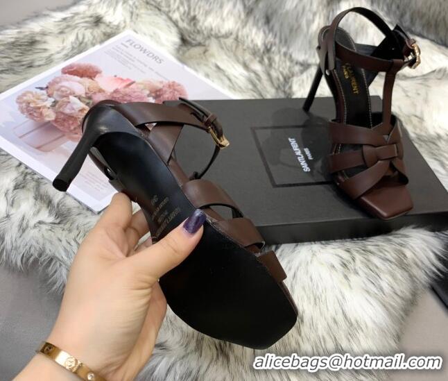 Low Price Saint Laurent Calfskin High-Heel Sandals 10cm 042977 Coffee Brown