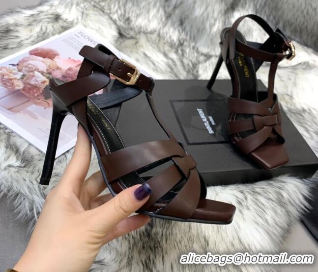 Low Price Saint Laurent Calfskin High-Heel Sandals 10cm 042977 Coffee Brown