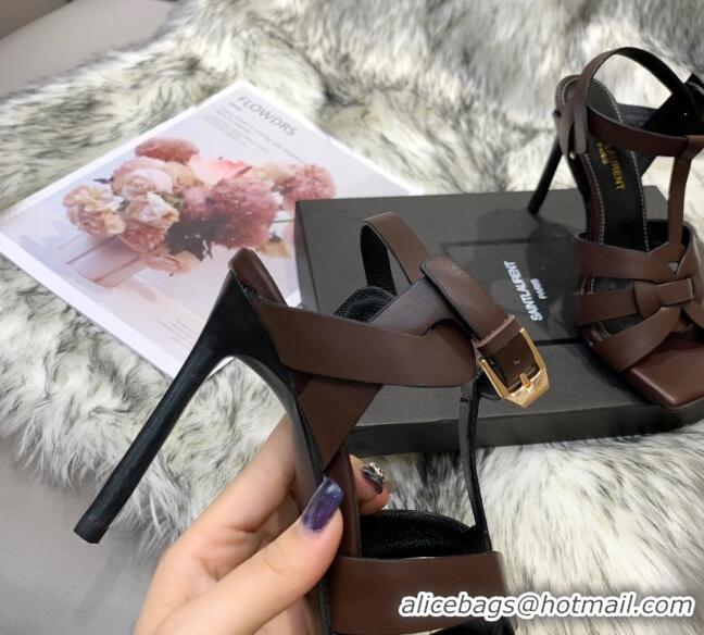 Low Price Saint Laurent Calfskin High-Heel Sandals 10cm 042977 Coffee Brown