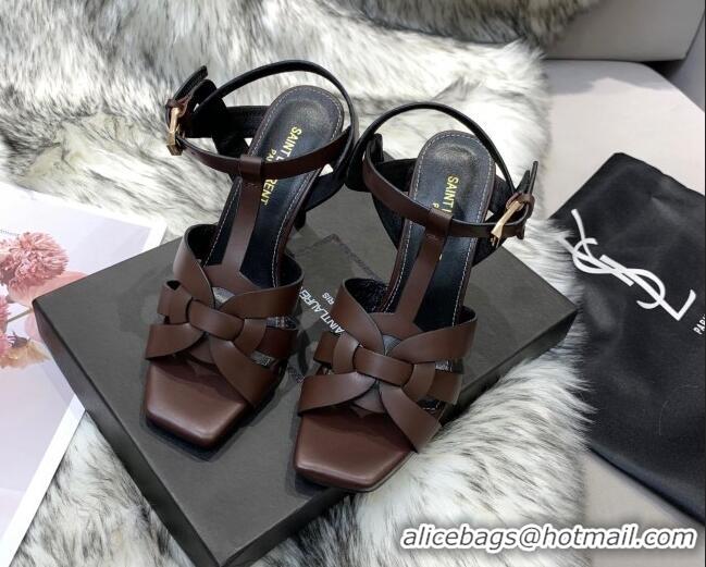 Low Price Saint Laurent Calfskin High-Heel Sandals 10cm 042977 Coffee Brown