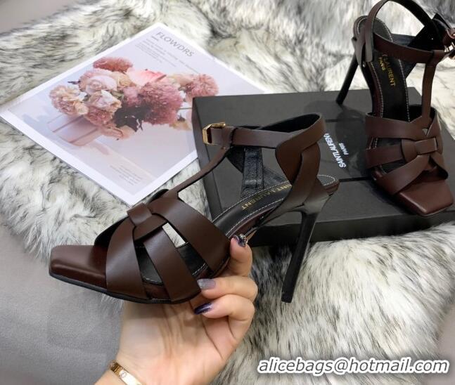 Low Price Saint Laurent Calfskin High-Heel Sandals 10cm 042977 Coffee Brown