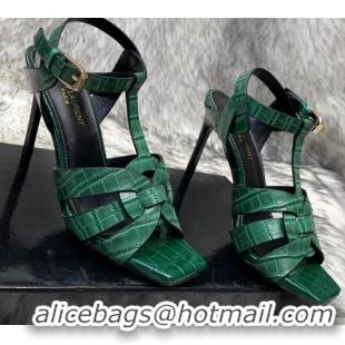 Elegant Saint Laurent Stone Embossed Leather High-Heel Sandals 10cm 042987 Green