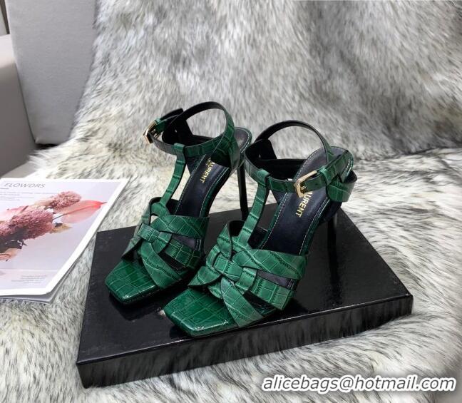 Elegant Saint Laurent Stone Embossed Leather High-Heel Sandals 10cm 042987 Green