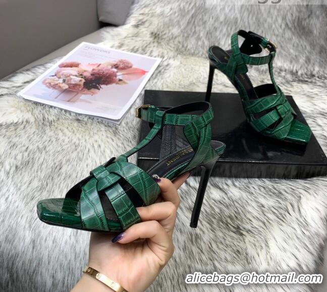 Elegant Saint Laurent Stone Embossed Leather High-Heel Sandals 10cm 042987 Green