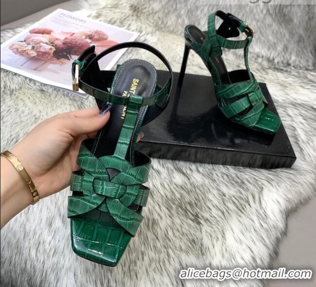 Elegant Saint Laurent Stone Embossed Leather High-Heel Sandals 10cm 042987 Green