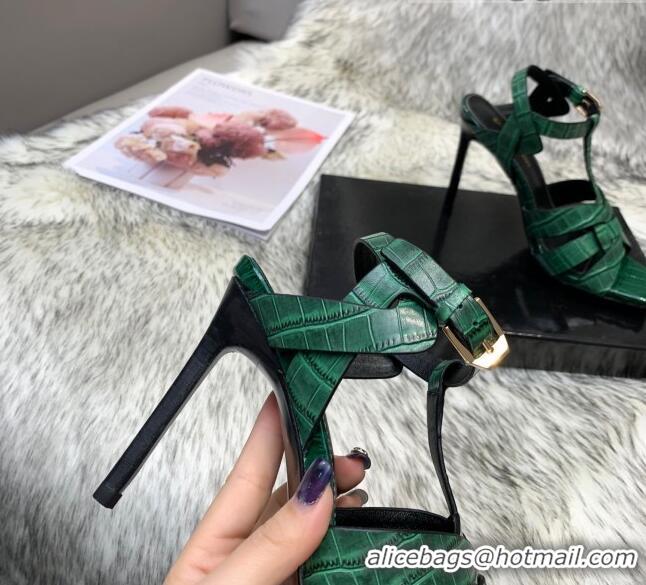 Elegant Saint Laurent Stone Embossed Leather High-Heel Sandals 10cm 042987 Green