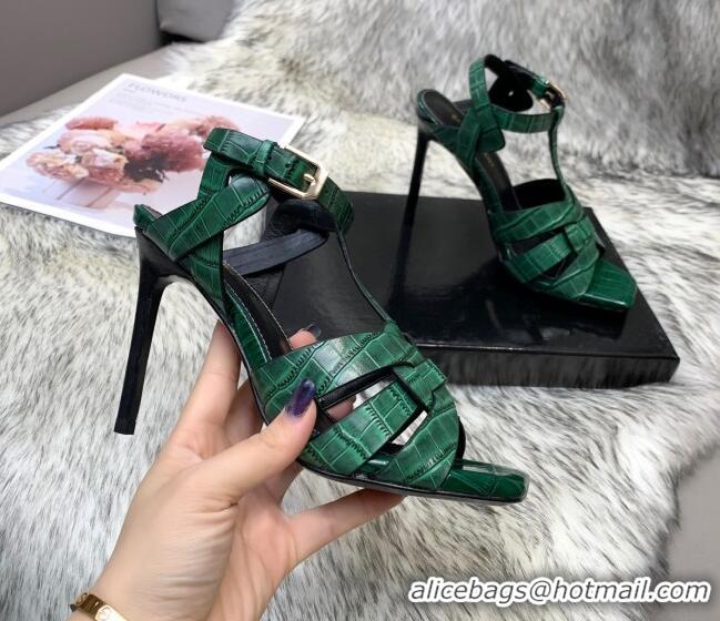 Elegant Saint Laurent Stone Embossed Leather High-Heel Sandals 10cm 042987 Green