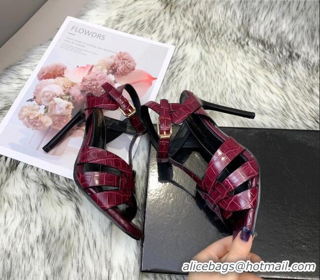 Best Price Saint Laurent Stone Embossed Leather High-Heel Sandals 10cm 042987 Fuchsia Red