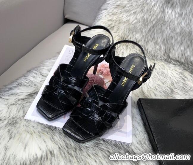 Low Price Saint Laurent Stone Embossed Leather High-Heel Sandals 10cm 042989 Black 2021