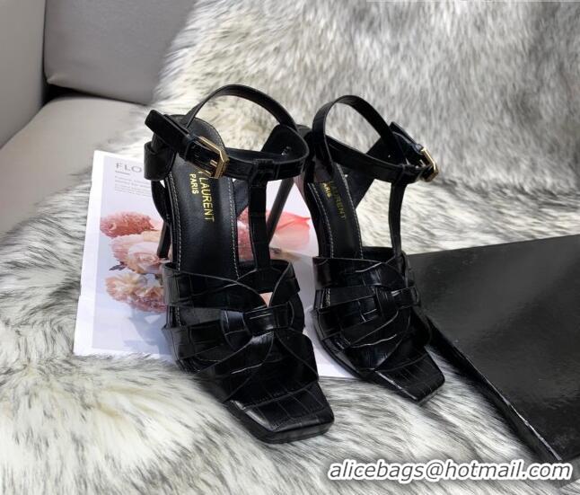 Low Price Saint Laurent Stone Embossed Leather High-Heel Sandals 10cm 042989 Black 2021