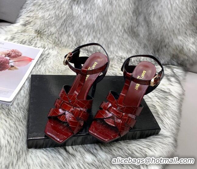 Charming Saint Laurent Stone Embossed Leather High-Heel Sandals 10cm 042990 Burgundy 