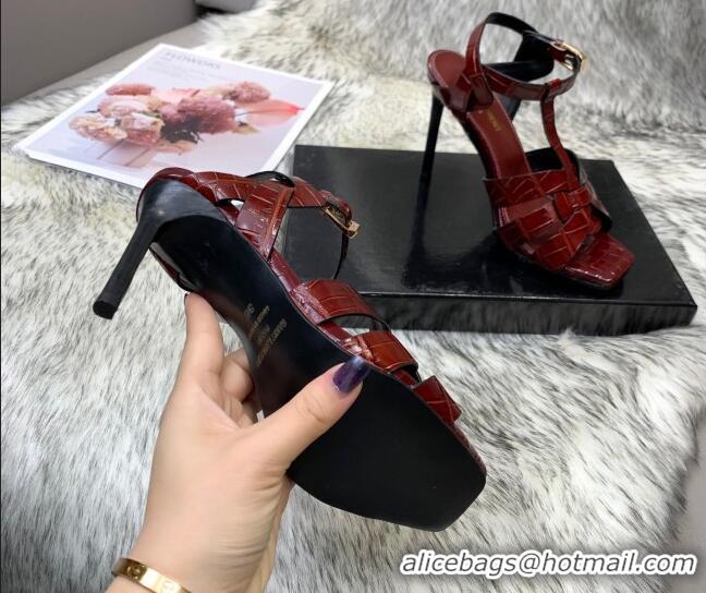 Charming Saint Laurent Stone Embossed Leather High-Heel Sandals 10cm 042990 Burgundy 