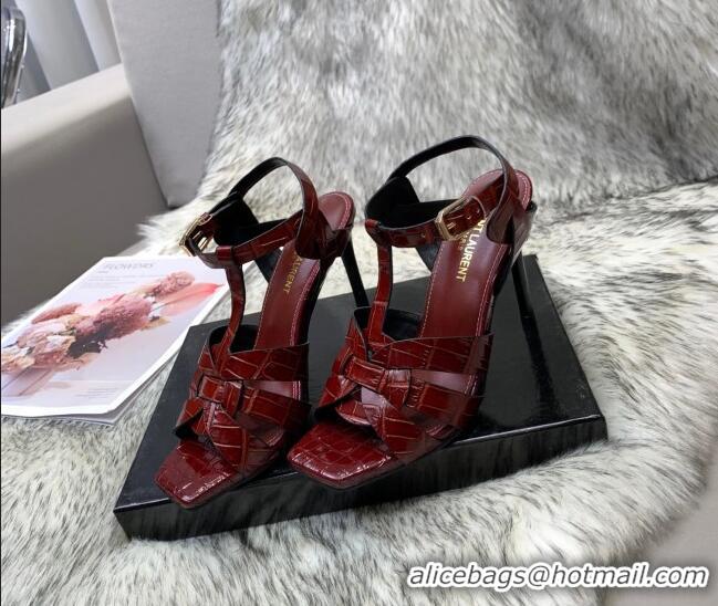 Charming Saint Laurent Stone Embossed Leather High-Heel Sandals 10cm 042990 Burgundy 