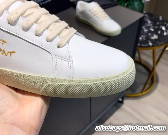 Affordable Price Saint Laurent White Embroidered Calfskin Sneakers 061234 Gold