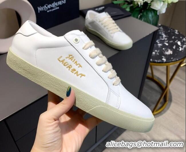 Affordable Price Saint Laurent White Embroidered Calfskin Sneakers 061234 Gold