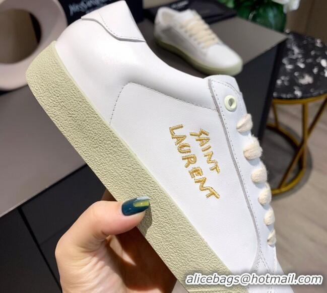 Affordable Price Saint Laurent White Embroidered Calfskin Sneakers 061234 Gold