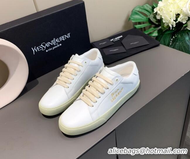 Affordable Price Saint Laurent White Embroidered Calfskin Sneakers 061234 Gold