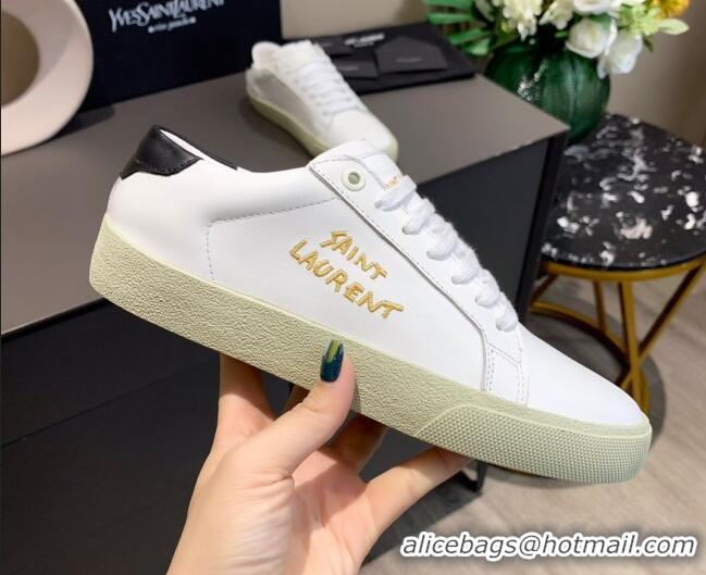 Cute Saint Laurent White Embroidered Calfskin Sneakers 061234 Black/Gold