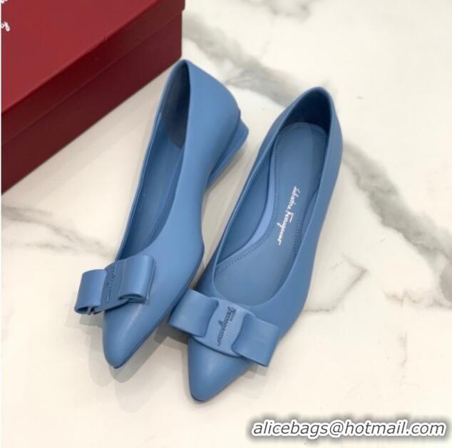 Good Quality Salvatore Ferragamo Viva Lambskin Bow Flat Ballerinas/Wedge Pumps 051209 Blue 2021