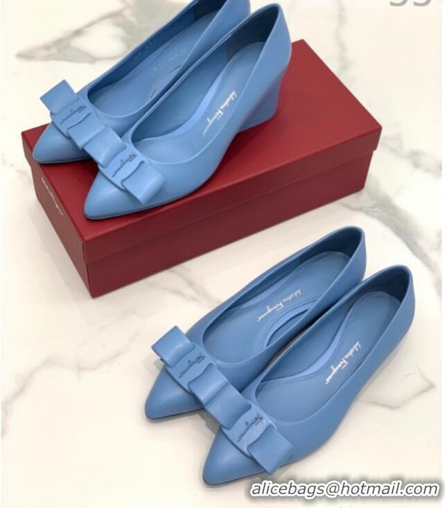 Good Quality Salvatore Ferragamo Viva Lambskin Bow Flat Ballerinas/Wedge Pumps 051209 Blue 2021