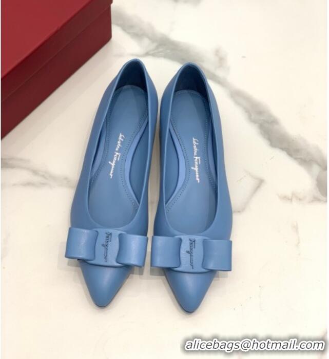 Good Quality Salvatore Ferragamo Viva Lambskin Bow Flat Ballerinas/Wedge Pumps 051209 Blue 2021