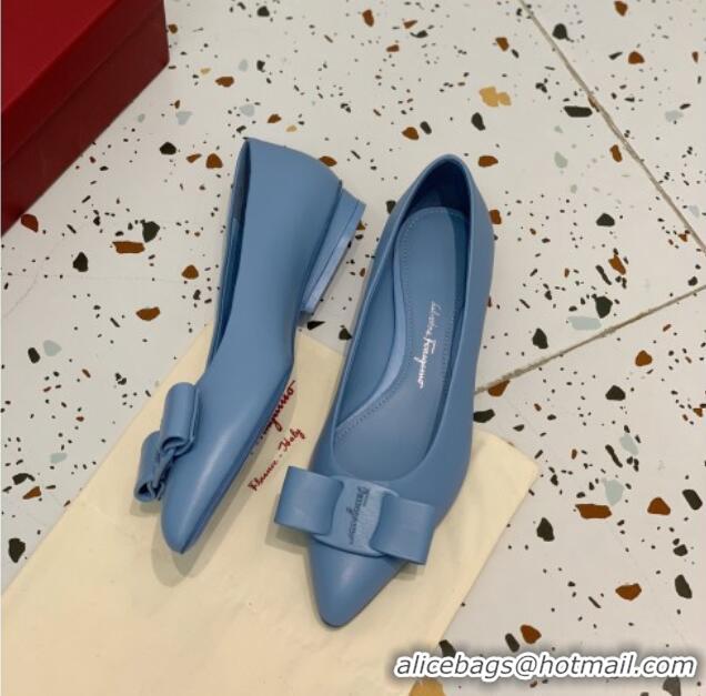 Good Quality Salvatore Ferragamo Viva Lambskin Bow Flat Ballerinas/Wedge Pumps 051209 Blue 2021