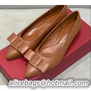 Good Product Salvatore Ferragamo Viva Lambskin Bow Flat Ballerinas/Wedge Pumps 051209 Brown 2021