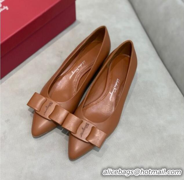 Good Product Salvatore Ferragamo Viva Lambskin Bow Flat Ballerinas/Wedge Pumps 051209 Brown 2021