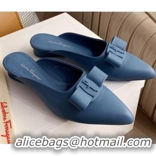 Low Price Salvatore Ferragamo Viva Lambskin Bow Mules 051219 Blue 2021