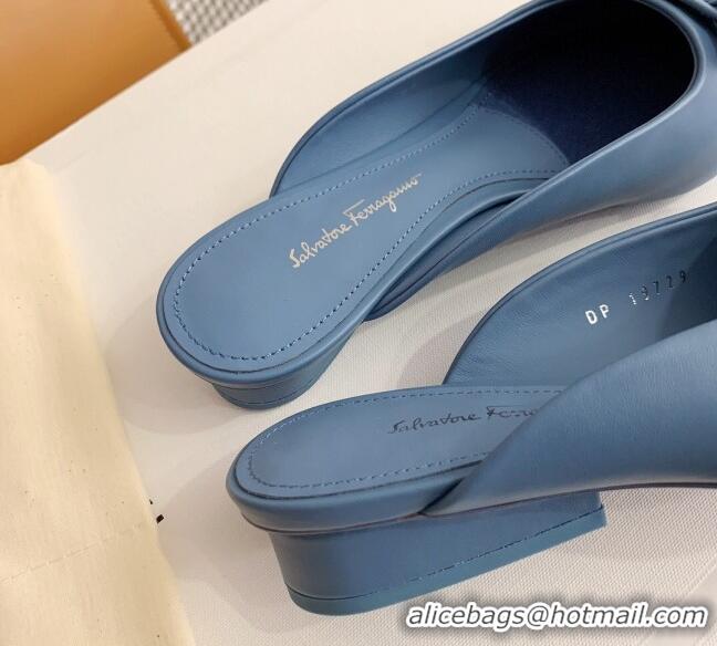 Low Price Salvatore Ferragamo Viva Lambskin Bow Mules 051219 Blue 2021