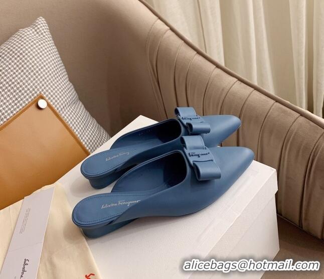 Low Price Salvatore Ferragamo Viva Lambskin Bow Mules 051219 Blue 2021