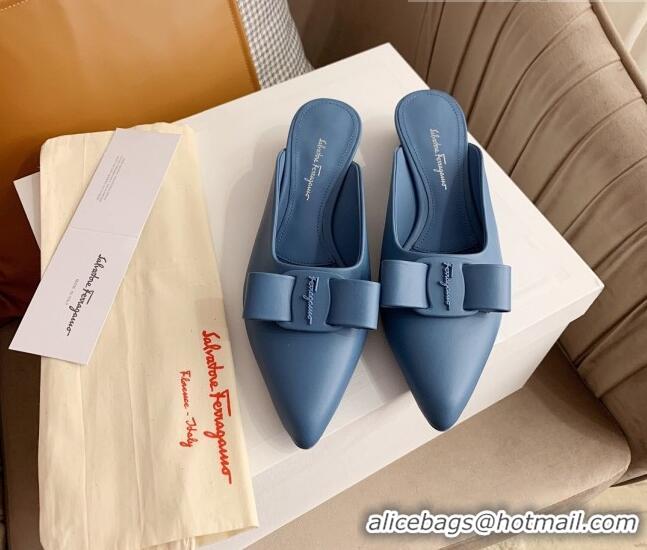 Low Price Salvatore Ferragamo Viva Lambskin Bow Mules 051219 Blue 2021