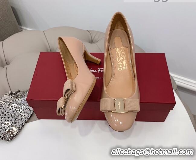 Charming Salvatore Ferragamo Carla Patent Leather Bow Pumps 5.5cm 051229 Nude 2021