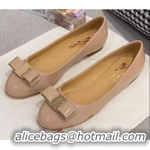 Low Price Salvatore Ferragamo Patent Leather Bow Ballerinas 051232 Nude/Gold 2021