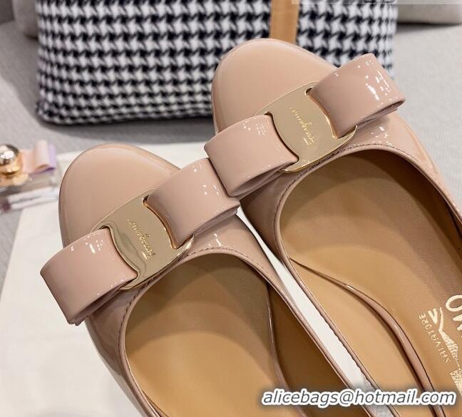 Low Price Salvatore Ferragamo Patent Leather Bow Ballerinas 051232 Nude/Gold 2021