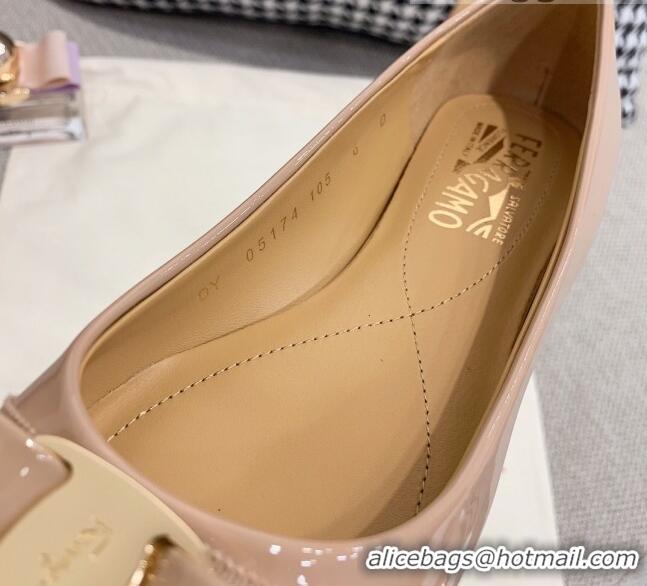 Low Price Salvatore Ferragamo Patent Leather Bow Ballerinas 051232 Nude/Gold 2021