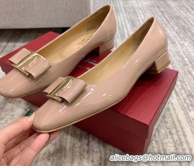 Good Taste Salvatore Ferragamo Patent Leather Bow Pumps 2.5cm 051236 Nude 2021