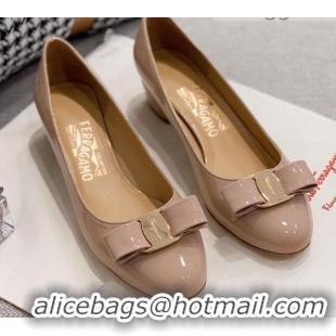 Duplicate Salvatore Ferragamo Patent Leather Bow Pumps 2.5cm 051236 Nude/Gold 2021