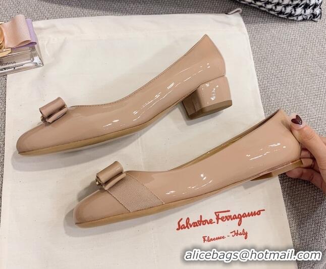 Duplicate Salvatore Ferragamo Patent Leather Bow Pumps 2.5cm 051236 Nude/Gold 2021