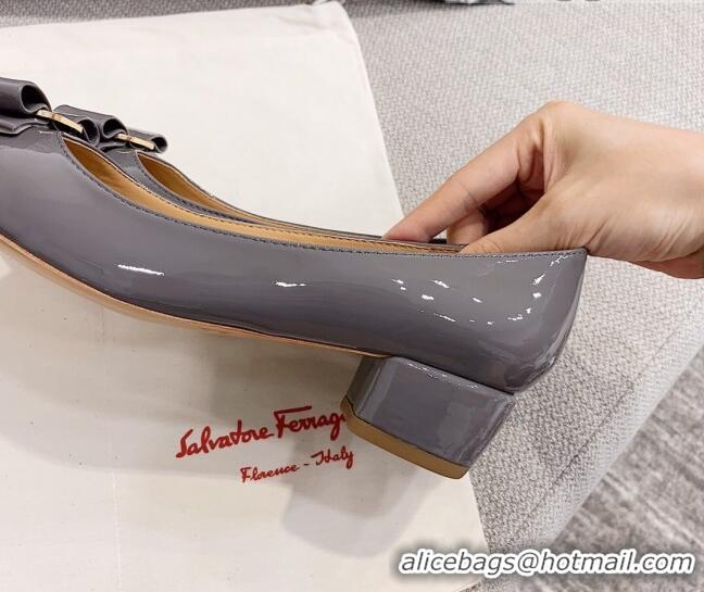 Perfect Salvatore Ferragamo Patent Leather Bow Pumps 2.5cm 051236 Grey/Gold 2021