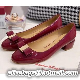 Best Quality Salvatore Ferragamo Patent Leather Bow Pumps 2.5cm 051236 Burgundy/Gold 2021