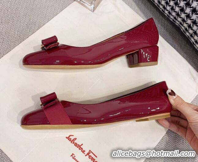 Best Quality Salvatore Ferragamo Patent Leather Bow Pumps 2.5cm 051236 Burgundy/Gold 2021